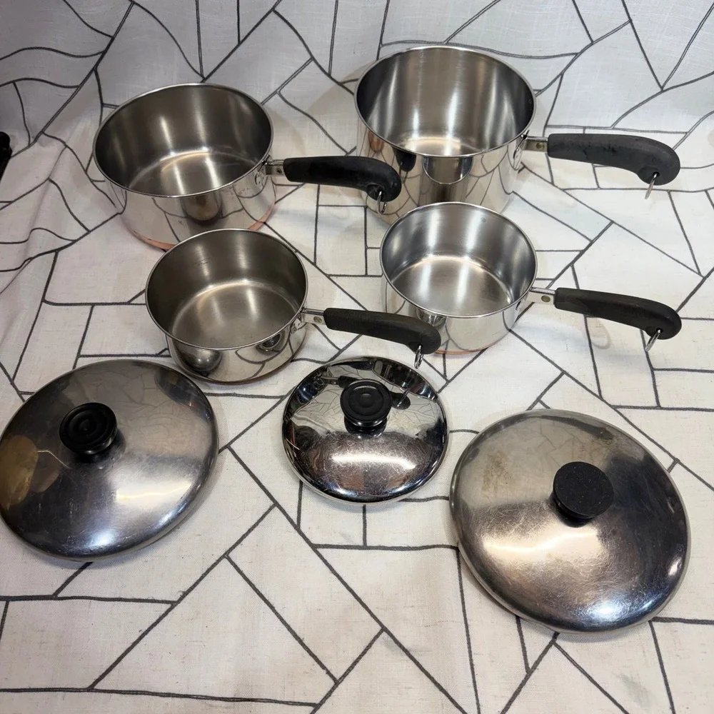 Revere Ware Saucepan Set 7 Piece Silver Copper Bottom Stainless Steel USA Made